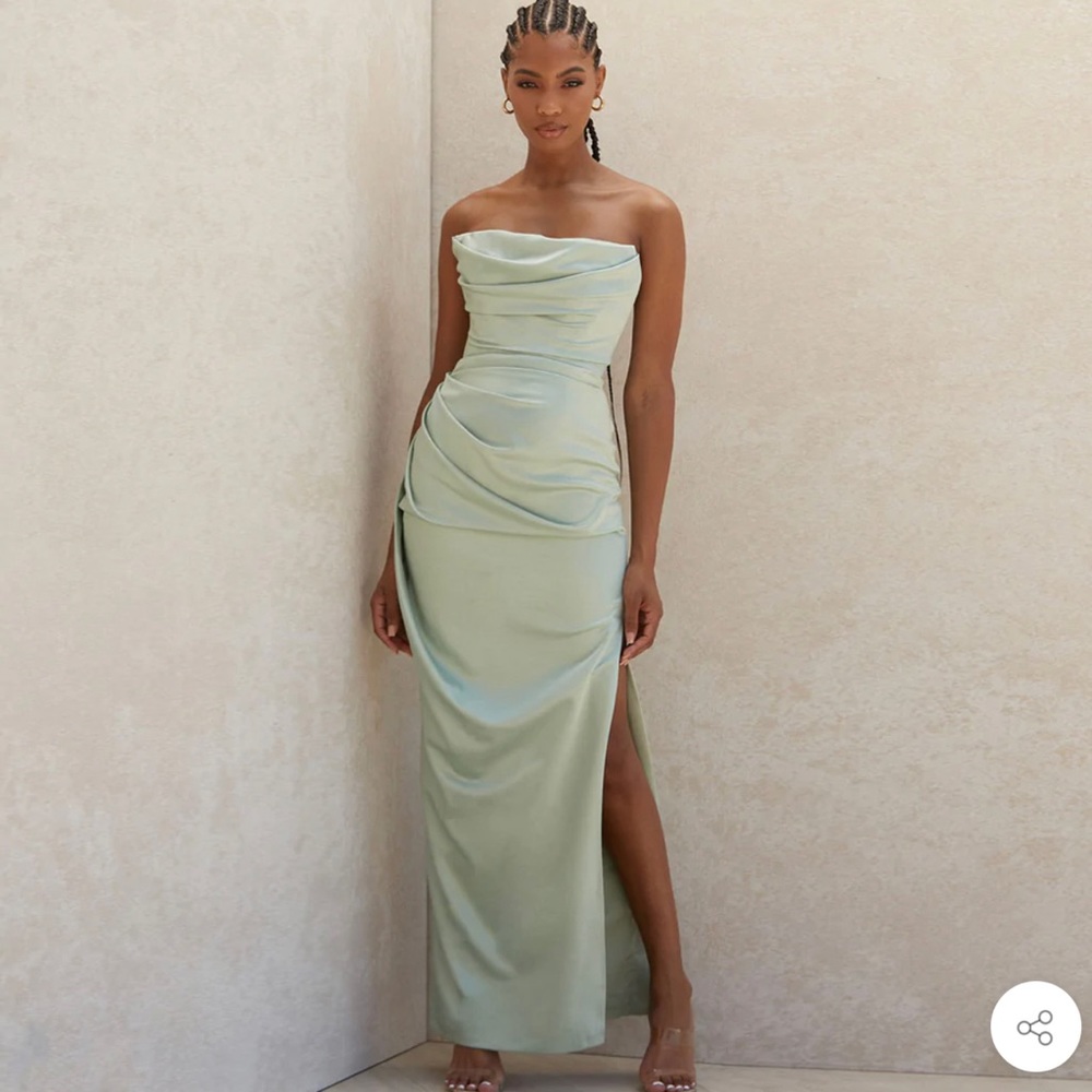 SILKY SATIN SIDE SLIT RUCHED STRAPLESS MAXI DRESS - SAGE GREEN